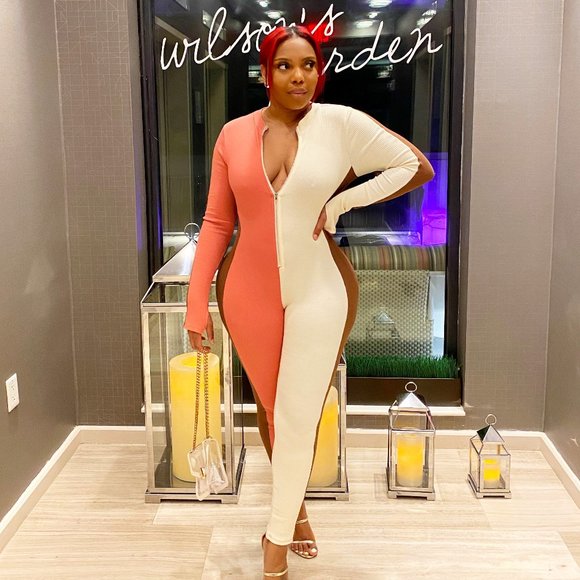 Colorblock Ribbed Jumpsuit in Coral - Picture 1 of 4